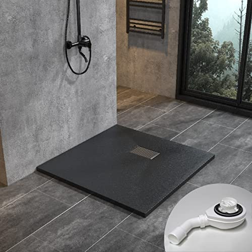 WITEN&NOCK Duschwanne 90x90 cm SMC Brausewanne Schwarz Steinoptik Antirutsch Duschtasse Höhe 3,2 cm Niedrige Schwelle Extraflach Brausetasse mit Edelstahl-Abflussrinne und Ablaufgarnitur Ø 90 mm