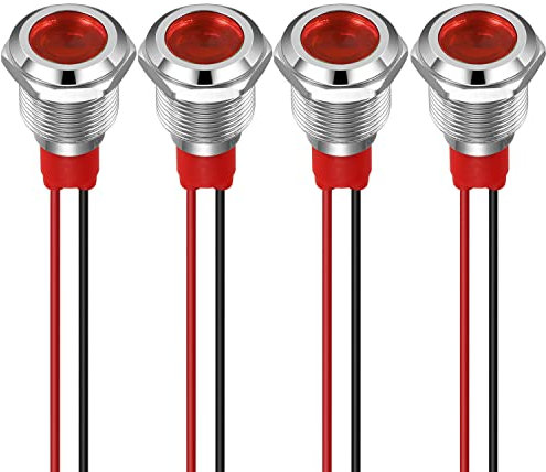 GUUZI 12mm Voyant LED 12-24V Signal Lumineux étanche Panneau Métallique Voyant LED Montage sur Panneau Tête Plate avec Fils Coque Argentée (Rouge, 4 Pièces)