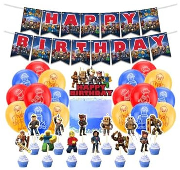 Dinoeye Birthday Decorations: 18pcs Balloons, 13pcs Cake Toppers, 1pcs Happy Birthday Banner - Red, Green, Blue, Black, White, Gray - Cartoon Theme - PVC Material