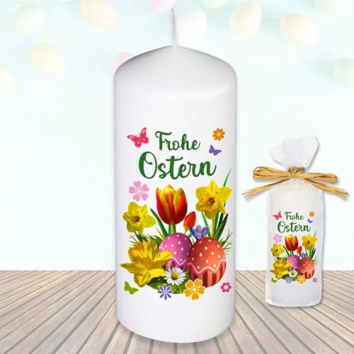 Stumpenkerze Kerze - Frohe Ostern Blumen Tulpe bunt - Für Dich zu Ostern bunte moderne Motive Farben mit Geschenkfolie und Schleife Osterkerze in Geschenkverpackung als Ostergeschenk