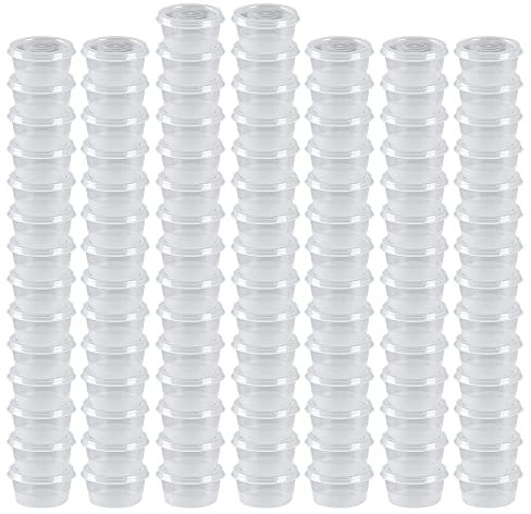 MIUPOO Runde Sauce Becher, Plastik Sauce Bechers, Transparente Sauce Becher, Mit Scharnierabdeckung, Kann Für Alle Arten Von Saucen, Runde 100 Sätze, 1 Unze Verwendet Werden.