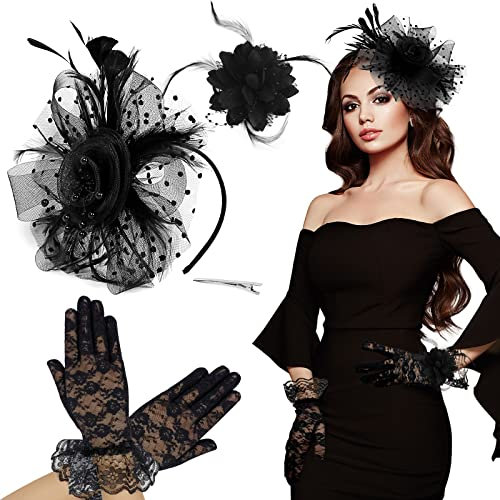 BETESSIN Fascinator Hut Hochzeit Haarreif Damen Braut Haarschmuck Schleier Hut Schwarz Mesh Handschuhe Blumen Brosche Kopfschmuck für Teeparty Cocktail Retro Karneval Kostüm