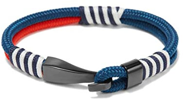 BTEYIVTA Men's Nautical Anchor Cuff Bracelet, Handmade Black & Blue Stainless Steel Rope Wristband with Lobster Claw Clasp, Medium(Wrist size: 6.4-6.9 inch), Stainless Steel, no gemstone