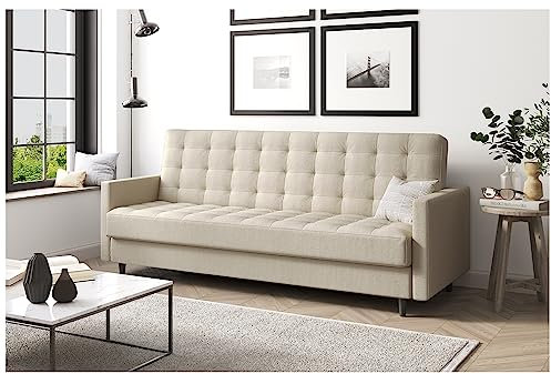MEBLINI Sofa mit Schlaffunktion - Schlafcouch Ausziehbar - Schlafsofa mit Bettkasten - Sofabett - Couch mit Schlaffunktion - Klappsofa - Andres 1-218x87x93cm - Creme Webstoff