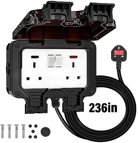 FOVNOT Outdoor Waterproof Double Socket With 6M Extension Lead - 13A IP66 Wall Electrical Outlet Outside Plug Box