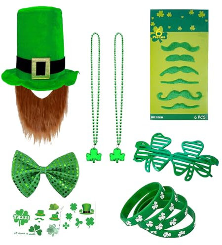 mumisuto Hut Leprechaun, Grüner Kobold, 12-teiliges St. Patrick's Day-Geschenkset, Zylinder St. Patricks Day, Zylinder Hut Grün, Kopfbedeckung, Accessoire, Glücksbringer, Mottoparty