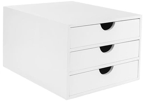 Woodluv 3 Drawer Bamboo Home Office Desktop Tidy A4 Sturdy Stationary Storage Organiser Unit, White - W25 X D33 X H18.5cm