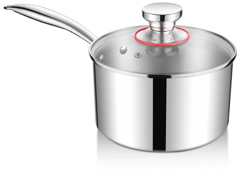 Homikit 18cm Saucepan, Tri-Ply Stainless Steel Milk Pan with Glass Lid, Kitchen Cooking Sauce Pot for Induction Gas Electric, Healthy & Easy Clean - 2.5 L