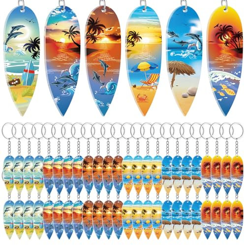 Henoyso Lot de 48 porte-clés en acrylique pour planche de surf - Mini planche de surf - Tortue de mer - Cocotier - Fournitures de souvenirs pour la Floride, la Californie, Hawaïen, Bahamas