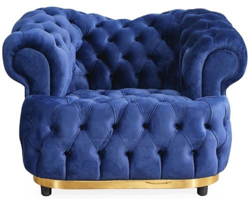 Casa Padrino Luxus Chesterfield Samt Sessel Blau/Gold/Schwarz 110 cm
