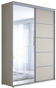 Meble Slupia - Garderobenschrank - Kleiderschrank mit Spiegel und Schiebetüren - B 140 x H 242 x T 61 cm - Kleider Schrank Schlafzimmer - mit Kleiderstange - Maja ALU Kaschmir