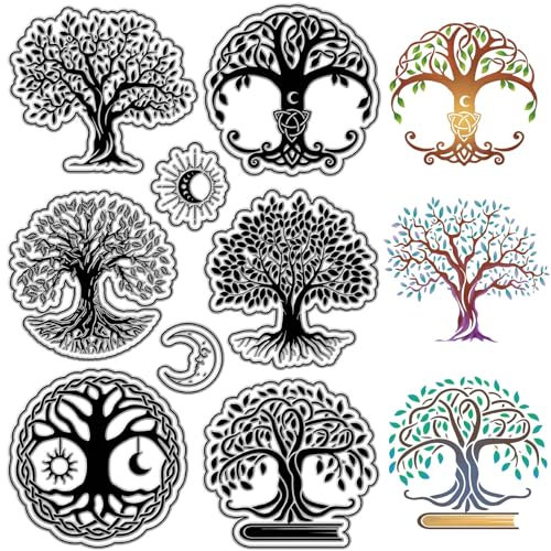 CRASPIRE Baum Des Lebens Klare Stempel Sonne Mond Wiederverwendbare Transparente Silikonstempelsiegel Poststempel Für Journaling-Kartenherstellung Dekor DIY Scrapbooking Filmrahmen Fotoalbum Dekorativ