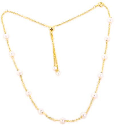 Sternvoll® Damen Halskette aus 925 Sterling Silber mit Süßwasserperlen | Perlenkette mit verstellbarem Kettenregler 35+10 cm | 2 in 1 Perlenchoker und -kette (Gold)