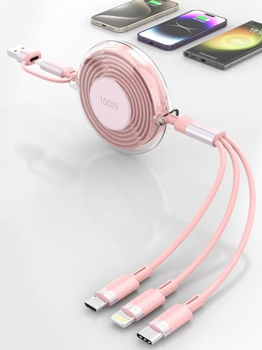 100W 3 in1 Multi Charging Cable Retractable USB C Universal Phone Charging Cable for Travel Fast Charger Type C 100W+27W Lightning+Micro USB Charging Cord for Phone 15,14,Samsung,Pad, Kindle - Pink