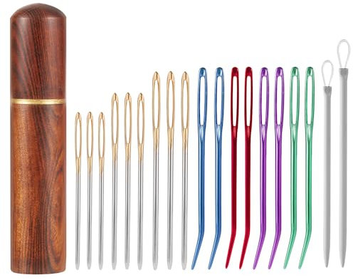 20pcs Ensemble d'Aiguilles à Fil, Aiguilles à Coudre à la Main à Gros Chas en Acier Aiguille à Tapisserie Courbée Aiguilles à Laine à Boucle avec Étui en Bois pour Broderie Tricot Crochet