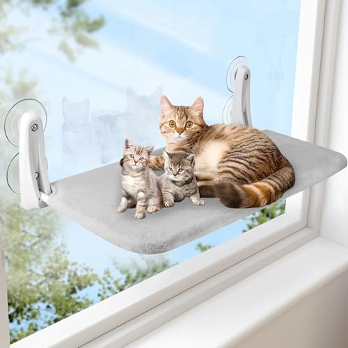 Auauraintt Amaca per Gatti,Amaca per Gatto da Finestra da Interno 60 x 30 cm,lettino per gatti pieghevole,lettino per gatti senza fili,con ventose stabili,caricabile fino a 23 kg,L (Grey, L)