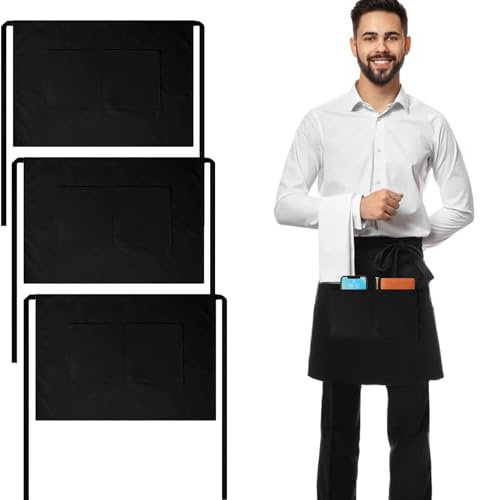 LPZMPZ 3 Stück Vorbinder Kellnerschürze Schwarz Schürze Damen Herren Bistroschürze Taillenschürze Halbschürze Kurz mit Taschen Wasserdicht für Kochen Restaurant Garten Backen