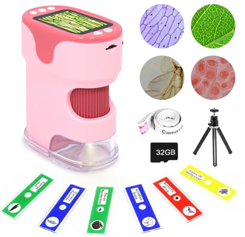 Digitales Handmikroskop für Kinder mit 5,1 cm (2 Zoll) HD-Bildschirm, 200~1000 x Taschenmikroskop, Starter-Set mit 6 zufälligen Proben und 32 G SD-Karte im Lieferumfang enthalten, pädagogisches