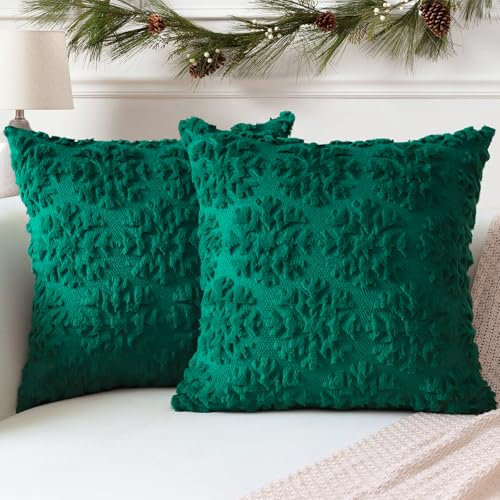 Artscope 2er Set Wolle Kissenbezüge Weicher Plüsch Kurzer Wollsamt Dekokissenbezuge Weihnachten Sofakissen Europäische Kissenhülle für Sofa Schlafzimmer Schneeflocke Grün, 50x50cm