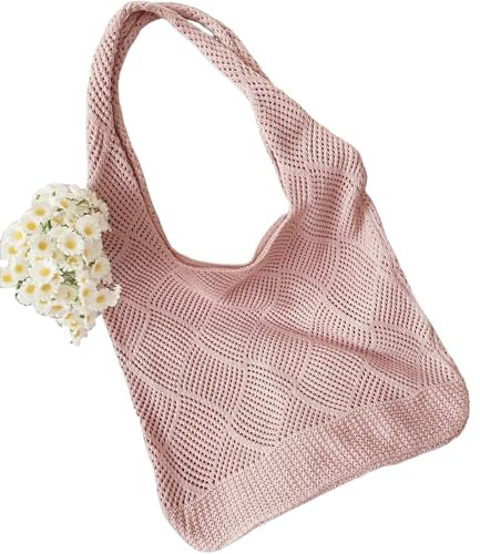 Bikasun Strandtasche Damen Häkeltasche für den Sommer, Umhängetasche Netz-Stricktasche Schultertasche Tasche Shopper Tote Bag Einkaufstasche Handtasche für Reisen Arbeit Schule, Rosa