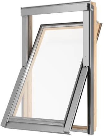 Ventana de techo de madera de 78 x 98 cm, fabricada por RoofLITE+ (VELUX Gruppe) | Ventana con acristalamiento triple | incluye marco para tejas (hasta 50 mm) + set de aislamiento y conexión)