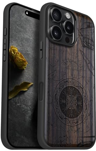 Carveit Holz Cover für iPhone 16 Pro Max, Dunklesholz-Wikingerschild | Handyhulle kompatibel MagSafe Massivholz für iPhone 16 Pro Max Handyhülle Stoßstange Weich TPU Case