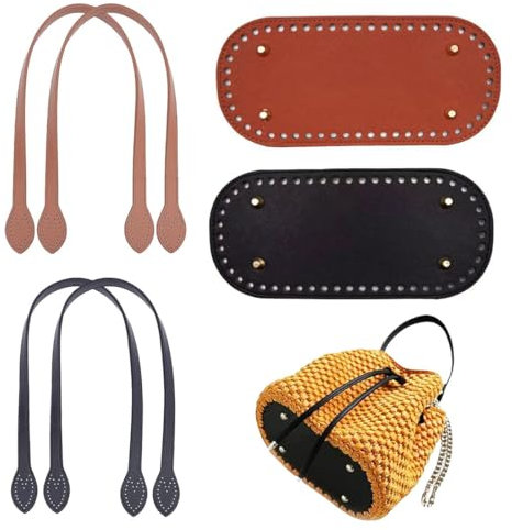 EIYVPRA 6 Stück Taschenboden zum Häkeln Gehäkelter Taschenboden PU Leder Boden Tasche Häkeln Mit Löchern Bag Shaper bottom, und Taschenhenkel für Häkeltaschen DIY Handtasche Taschen Strickbeutel