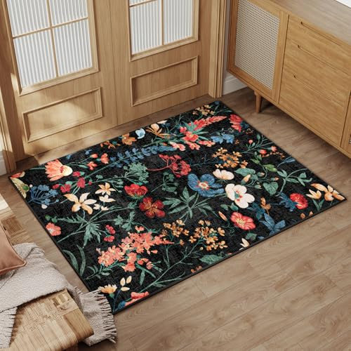 HUGEAR Door Mat Black Washable Flower Area Rug 60x90cm Doormats Non Slip Boho Natural Modern Floral Small Carpet Entrance Bedroom Dining Room Kitchen Bedside Office Low Pile Soft Carpets
