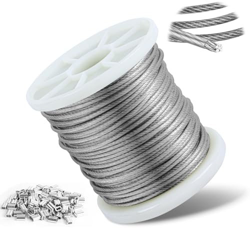 1.5mm Wire Rope, 304 Stainless Steel Wire Cable with Aluminum Crimping Loop, 100m Stainless Steel Hanging Cable 7x7 Cross Section for Picture Hanging, Clothes Line