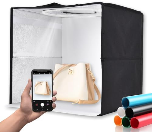 Andoer Fotobox 40 x 40 x 40 cm Faltbare Fotostudio, 3200–6500K dimmbar LED Lichtzelt mit 6 farbigen Hintergründen für Produktfotografie, kleine Gegenstände, USB-betrieben