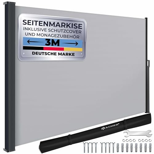 KESSER® Seitenmarkise ausziehbar Markise 180 x 300 cm Blickdicht Sichtschutz & Windschutz für Garten Balkon & Terrasse, Seitenrollo mit Wandhalterung, inkl. Wettercover & Montagezubehör, Grau