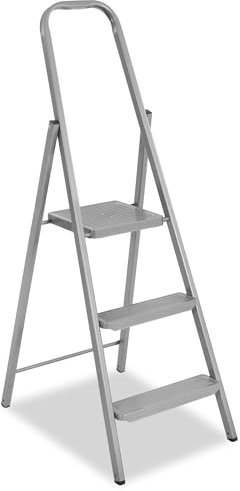 Escalera plegable de 3 niveles + carga de 150 kg + escalera de acero compacta con peldaños antideslizantes para casa y jardín para artesanos SPRINGOS