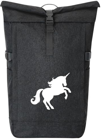 Huuraa Kurierrucksack Einhorn Silhouette Geschenk | 30-44 Liter Backpack Black Melange Fairtrade Rolltop Rucksack Geschenkidee Schwarzer Laptop-Rucksack passend für 17-Zoll