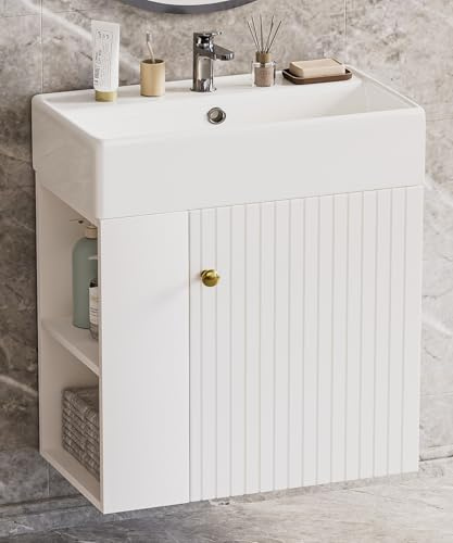 Yorbay Waschbecken mit Unterschrank 55 cm: Wandhängend mit 2 Seitenablagen | Keramik-Waschtisch mit Soft-Close-Tür - Kompaktes Badmöbel Set für Kleine Bäder und Gäste WC (Weiß)