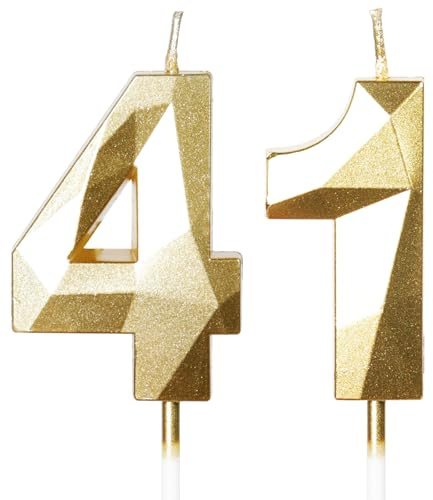 Yiran Gold 41st Birthday Candles, Gold Number 41 Happy Birthday Candles, Cake Topper Decorations for Birthday Party, Wedding Anniversary Celebration Supply
