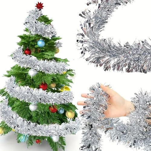 Weihnachtsgirlande 10m, Girlande Weihnachten Aussen, Tannengirlande, Weihnachtsdeko, Silberne, Weihnachtsgirlande Treppe, Geeignet für die Dekoration von Weihnachten und Winterferien