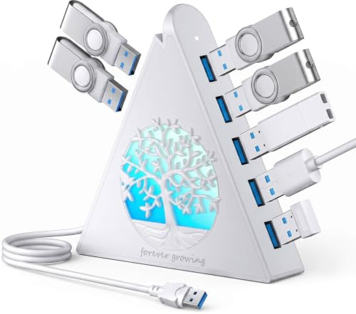 JoyReken 7-Port USB 3.0 Hub, Weiß Vertikaler USB Hub Splitter mit baumförmiger RGB-Beleuchtung, 5Gbps Hochgeschwindigkeitsübertragung, 2FT Verlängerungskabel, Kompatibel mit PC, MacBook, Laptop