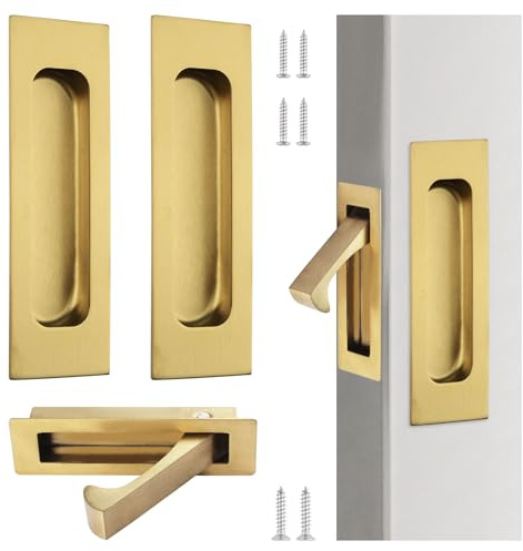 UFURMATE 1Pcs Flush Mount Door Pull and 2Pcs 6in Edge Pulls Stainless Steel Recessed Pocket Door Handle Set Sliding Door Pull Hardware for Closet (Brushed Gold)