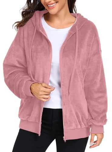 PrinStory Sweat à capuche zippé en flanelle à manches longues avec poches pour femme