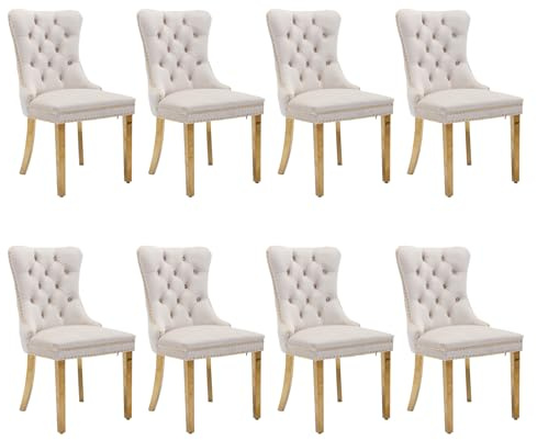 Esszimmerstühle mit gepolstertem Flügelrücken, cremebeige und gold, 8er Set | Weicher Samtbezug, Tufting, Nietenbesatz, Rückenring, goldene Metallbeine. Ideal für Esszimmer, Wohnzimmer, Innendekoration.