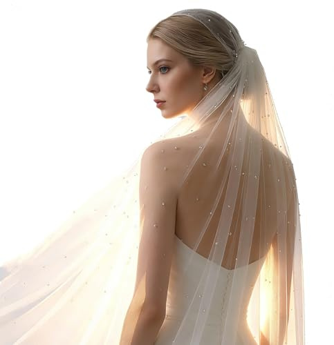 Schleier Braut mit Perlen, Langer Hochzeitsschleier aus weichem Tüll, Elegant & Schlicht Brautschleier, Braut Schleier Zubehör für Hochzeit & Junggesellinnenabschied