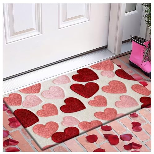 Modern Door Mat – Plush Heart Red & Pink Pattern, Thick Soft Adhesive Rug for Bedroom, Kitchen & Bathroom, Machine Washable Romantic Decor Accent