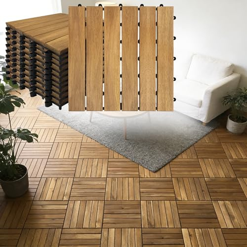 Suusolny Pack de 11 baldosa de madera de 1 m² para balcón, resistente a la intemperie, 30 x 30 cm, de madera de acacia, suelo de madera, azulejos de clic, azulejos de terraza con drenaje, azulejos de
