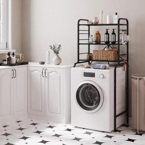 FLOWCASA Étagère Machine à Laver, Meuble WC 3 Niveaux, 8 Crochets, Noire