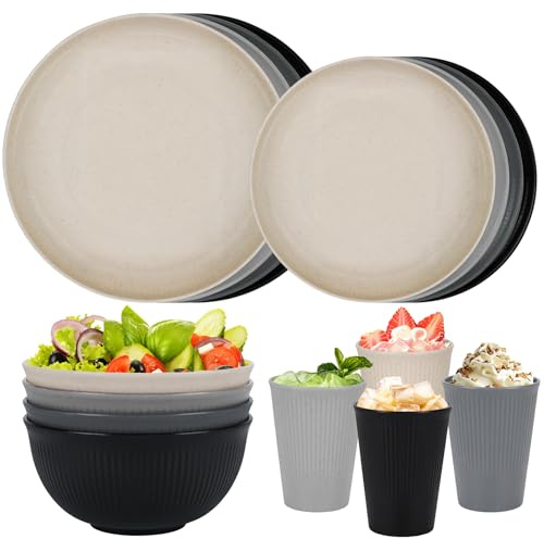 Plastic Dinner Sets for 4 People,16pcs Camping Plates and Bowls Set, Reusable Picnic Set Unbreakable Plates, Cups, Bowls for Children, Adult, Party, Home
