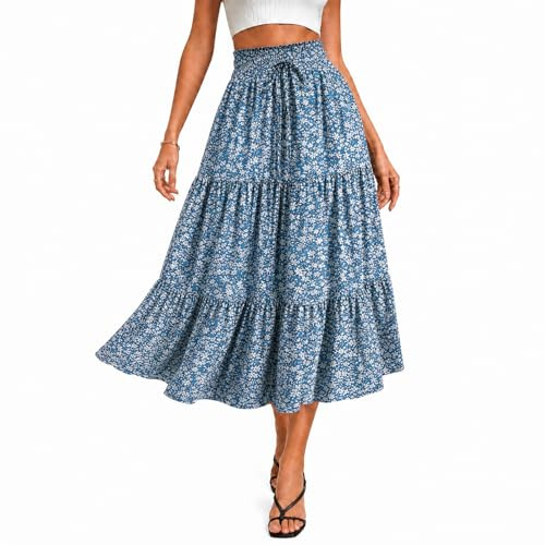 Fiohiros Womens Floral Midi Skirt Summer Tiered Skirt, Lightweight Elastic Waist Boho Flowing Long Skirt Casual Beach Skirt (UK, Alpha, L, Regular, Regular, Blue White Flower)