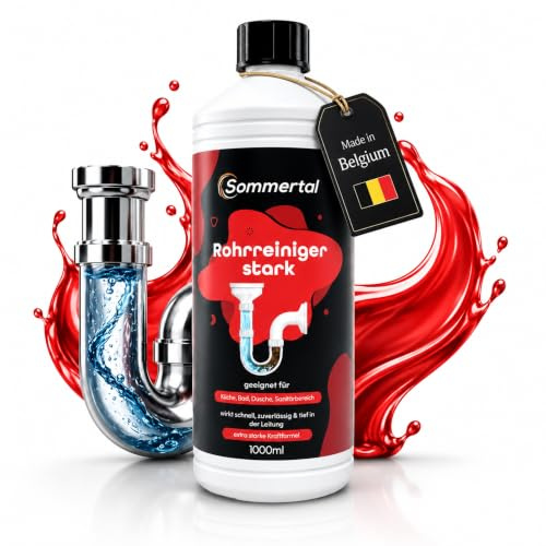 Sommertal Rohrreiniger stark 1000 ml, Abflussreiniger extra stark pH 14 | Rohrfrei Konzentrat gegen akute Verstopfungen & Gerüche, für Küche Bad Dusche Sanitär, PVC & Gummi geeignet