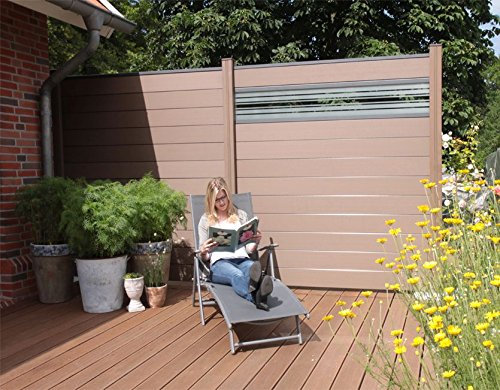 WPC/BPC Sichtschutzzaun terrabraun 4 Zäune inkl. 5 Pfosten und Motivverglasung Sichtschutz Gartenzaun Zaun terrasso