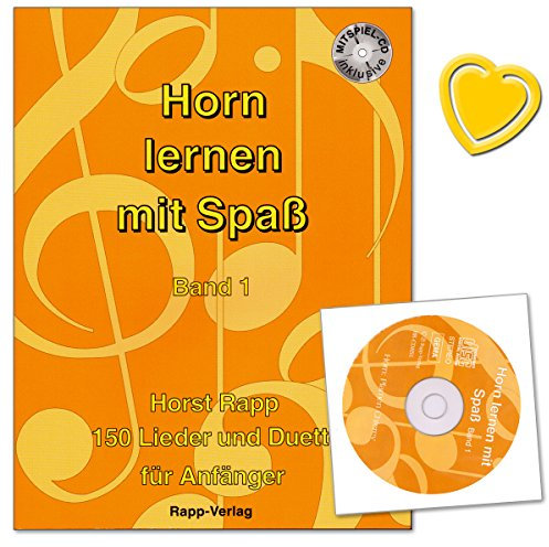 Horn lernen mit Spaß Band 1-150 Lieder und Duette für Anfänger - Autor Horst Rapp - Notenheft mit CD und bunter herzförmiger Notenklammer