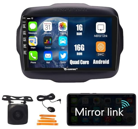 Kunfine Navigazione Android auto Stereo GPS Radio Telecamera di retromarcia Display 9 IPS Schermo tattile Headunit Tablet Pad Lettore multimediale Per Jeep Renegade 2016-2020 Quad Core 1G+16G